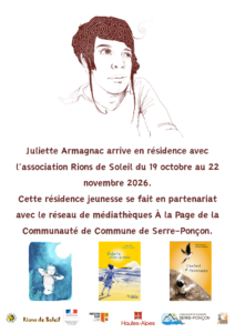 Juliette Armagnac arrive en résidence avec l'association Rions de Soleil du 19 octobre au 22 novembre. Cette résidence jeunesse se fait en partenariat avec le réseau de médiathèques À la Page de l