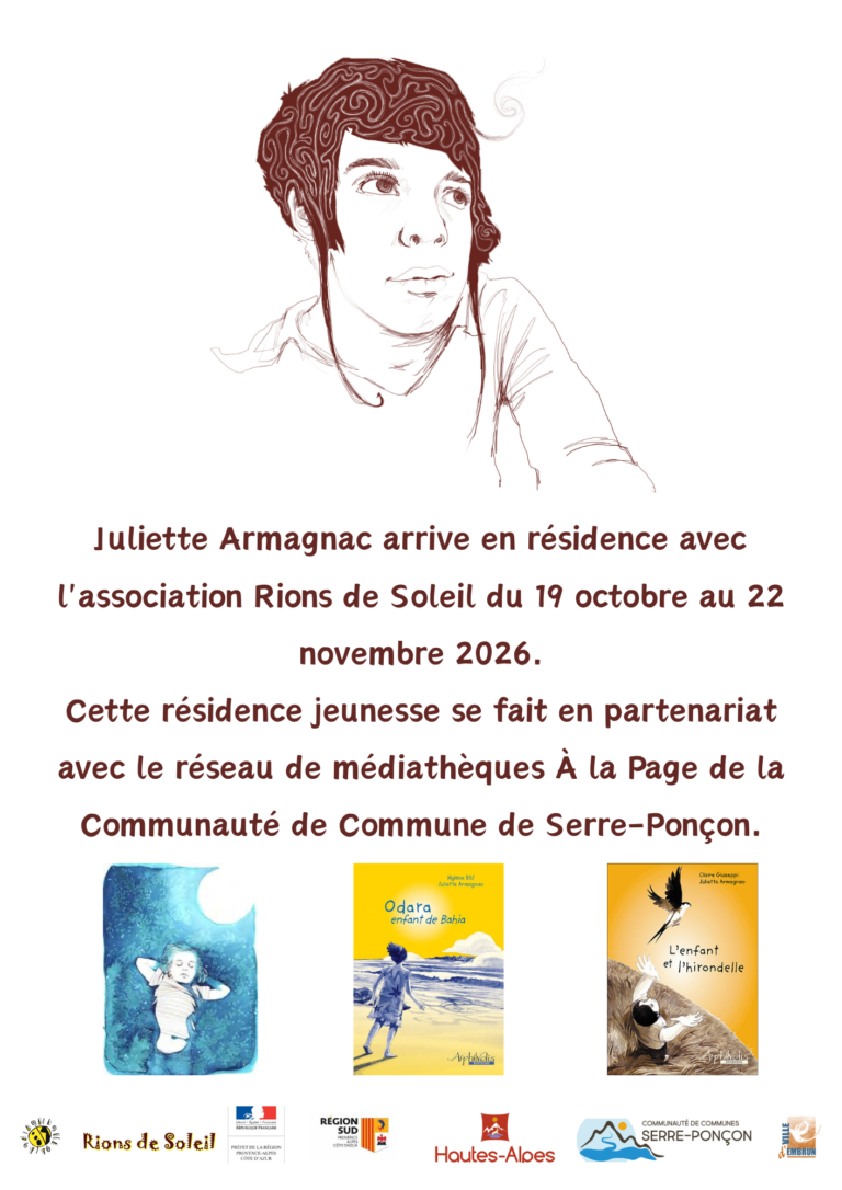 Juliette Armagnac arrive en résidence avec l'association Rions de Soleil du 19 octobre au 22 novembre. Cette résidence jeunesse se fait en partenariat avec le réseau de médiathèques À la Page de l